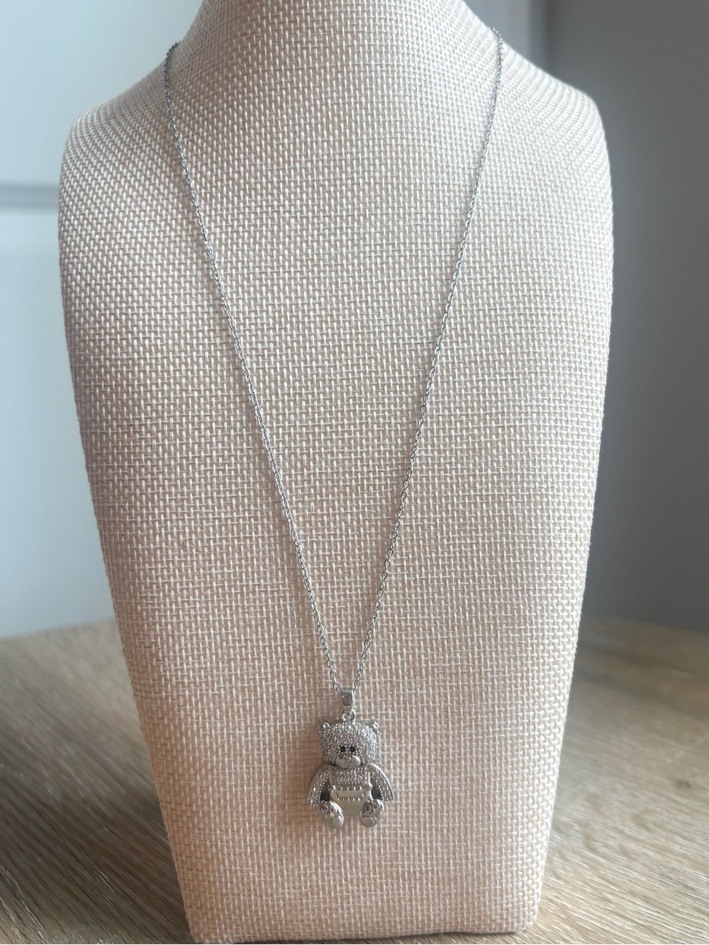 Teddy Bear Crystal Pendant Necklace - Silver